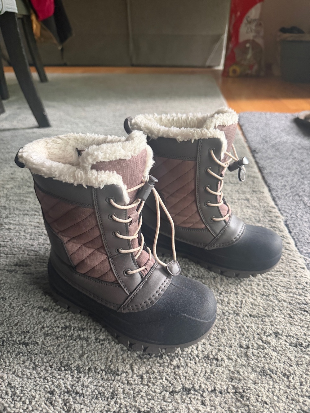 Target Girls Quilted Brown and Gray Winter Boots with Faux Fur